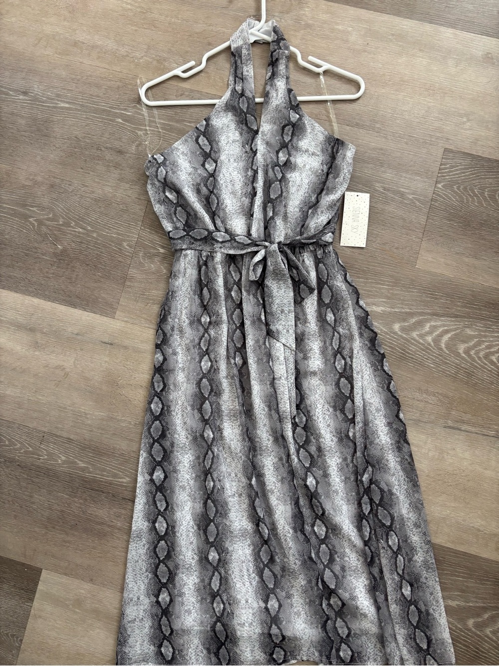 Sienna Sky Snake Print Maxi Dress in Light Gray and Charcoal